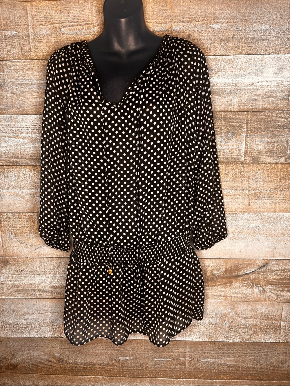 Jones New York sheer polka Dot drop waist black & White dress beach cover